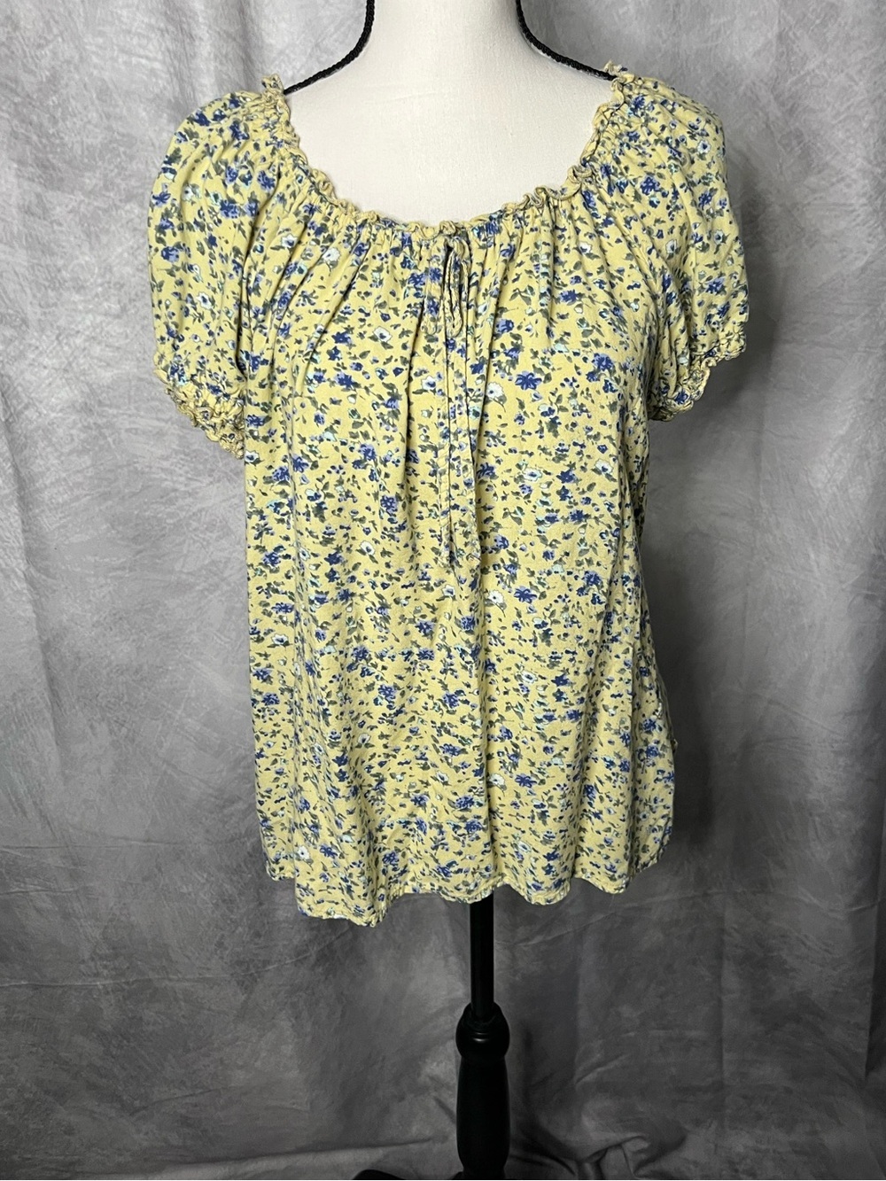 Falls Creek Yellow and Blue Floral Tie Neck Ruffled Short Sleeve Top - MED